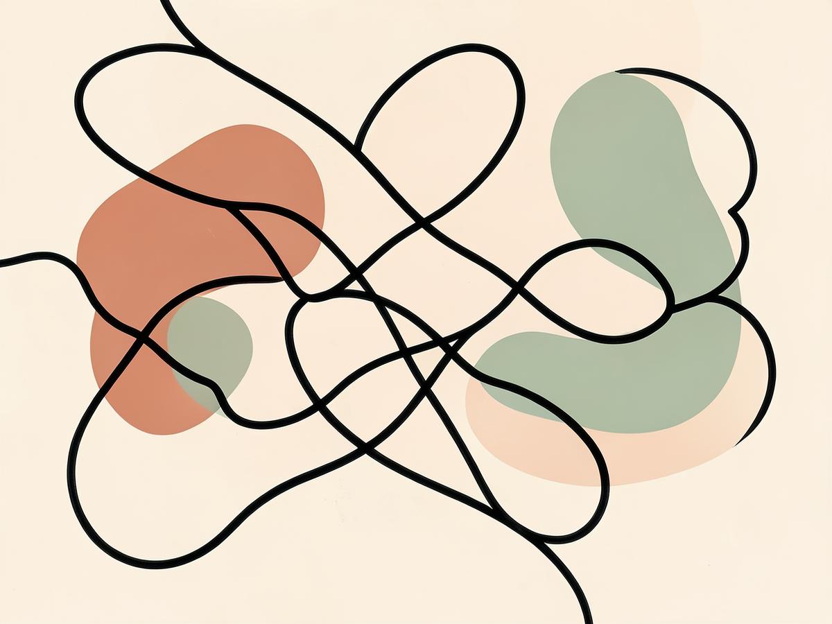 Abstrakcyjny rysunek neurograficzny – linie, zaokrąglenia i kolory symbolizujące transformację